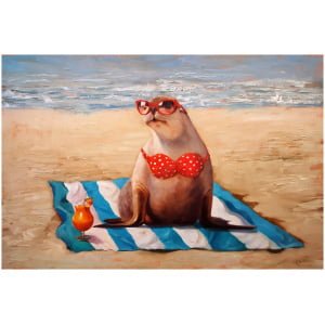 een schilderij van een zeeleeuw die een rood-witte bikini draagt