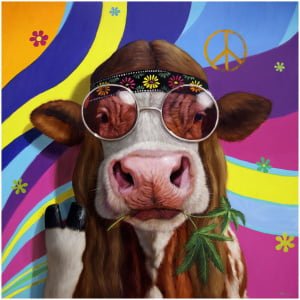 een koe met een bril en een bloem in haar bek