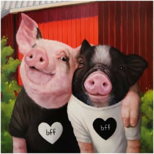 twee varkens met t-shirts met hartjes erop