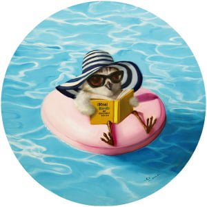 een schilderij van een aap met hoed en zonnebril die een boek leest