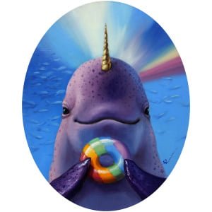een schilderij van een dolfijn met een ring om zijn nek