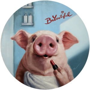 een schilderij van een varken met een lippenstift in zijn mond