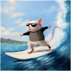 een schilderij van een muis op een surfplank die op een golf rijdt
