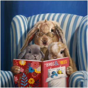 een schilderij van twee konijnen die een boek lezen
