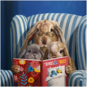 een schilderij van twee konijnen die een boek lezen