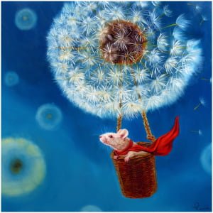 een schilderij van een muis in een mand die op een paardenbloem drijft