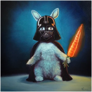 een schilderij van een konijn verkleed als Darth Vader met een wortel in zijn hand