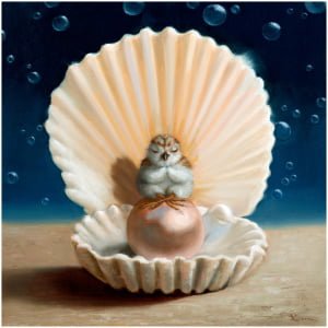 een schilderij van een schelp met daarop een kat