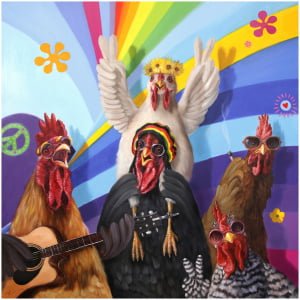 een schilderij van kippen en een man met een gitaar