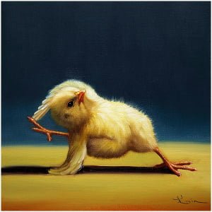 een schilderij van een kip op een gele ondergrond