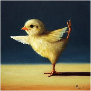 een schilderij van een kipje met vleugels