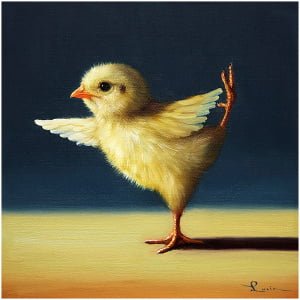 een schilderij van een kipje met vleugels