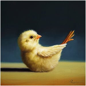 een schilderij van een kleine gele kip met vleugels