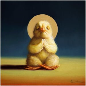 een schilderij van een kip met een hoed op