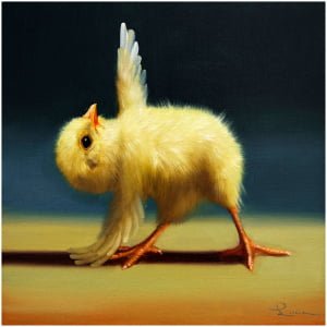 een schilderij van een kleine kip met gespreide vleugels