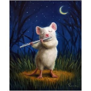 een schilderij van een rat die een fluit vasthoudt