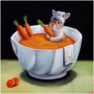 een schilderij van een konijntje in een kom wortels