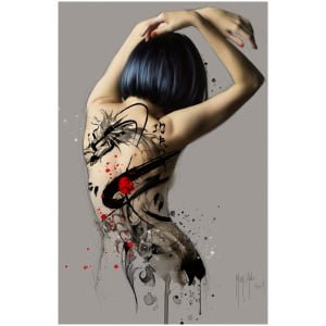 een schilderij van een vrouw met tatoeages op haar rug
