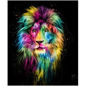 een kleurrijk leeuwengezicht op een zwarte achtergrond