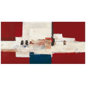 een abstract schilderij met rode, witte en blauwe kleuren