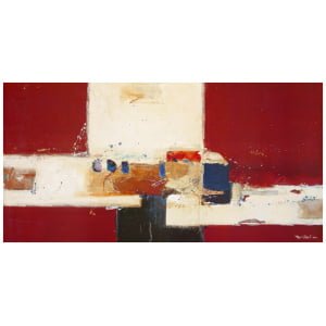 een abstract schilderij met rode, witte en blauwe kleuren