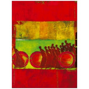 een abstract schilderij met rode en gele kleuren