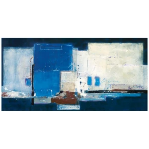 een abstract schilderij met blauwe en witte kleuren