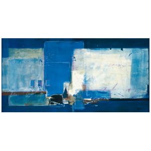 een abstract schilderij met blauwe en witte kleuren