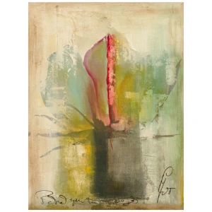 een abstract schilderij met een bloem in een vaas