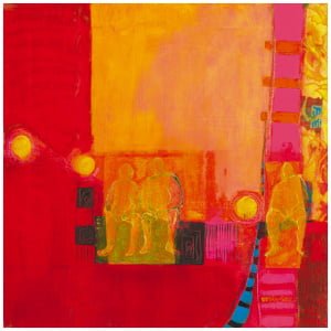 een abstract schilderij met rode, gele en blauwe kleuren