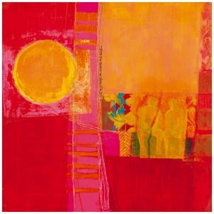 een abstract schilderij met rode, gele en roze kleuren