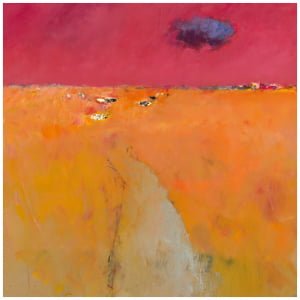 een abstract schilderij met oranje en roze kleuren