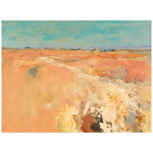 een schilderij van een onverharde weg in de woestijn