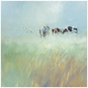 een schilderij van drie koeien die in een veld grazen