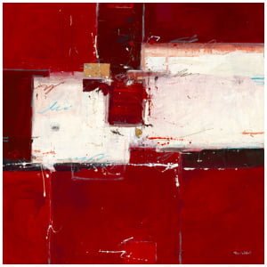 een abstract schilderij met rode, witte en zwarte kleuren