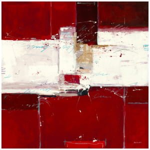 een abstract schilderij met rode en witte kleuren