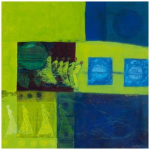 een abstract schilderij met blauwe, gele en groene kleuren