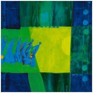 een abstract schilderij met blauwe, groene en gele kleuren