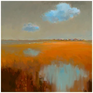 een schilderij van een veld met water en lucht op de achtergrond