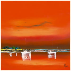 een schilderij van boten in het water met een oranje lucht