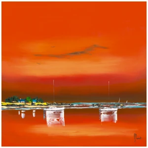 een schilderij van boten in het water met een oranje lucht