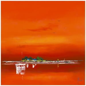 een schilderij van een oranje lucht en water