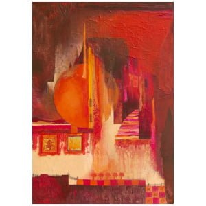 een abstract schilderij met rode en oranje kleuren