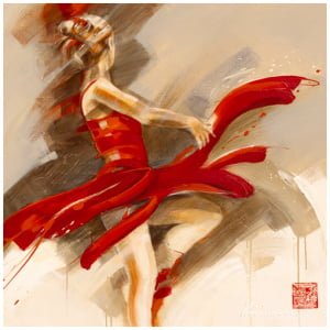 een schilderij van een vrouw in een rode jurk