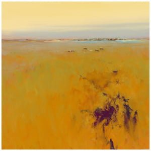 een abstract schilderij van geel en paars in een veld