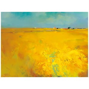 een schilderij van een geel veld met blauwe lucht op de achtergrond