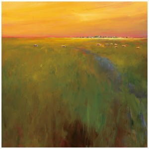 een olieverfschilderij van een veld bij zonsondergang