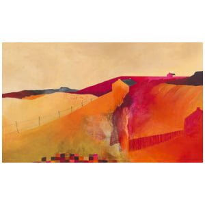 een abstract schilderij met oranje en rode kleuren