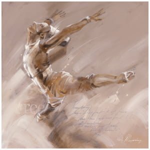 een schilderij van een man die tegen een voetbal trapt