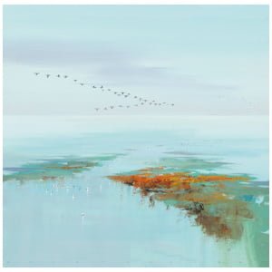 een schilderij van vogels die over de oceaan vliegen